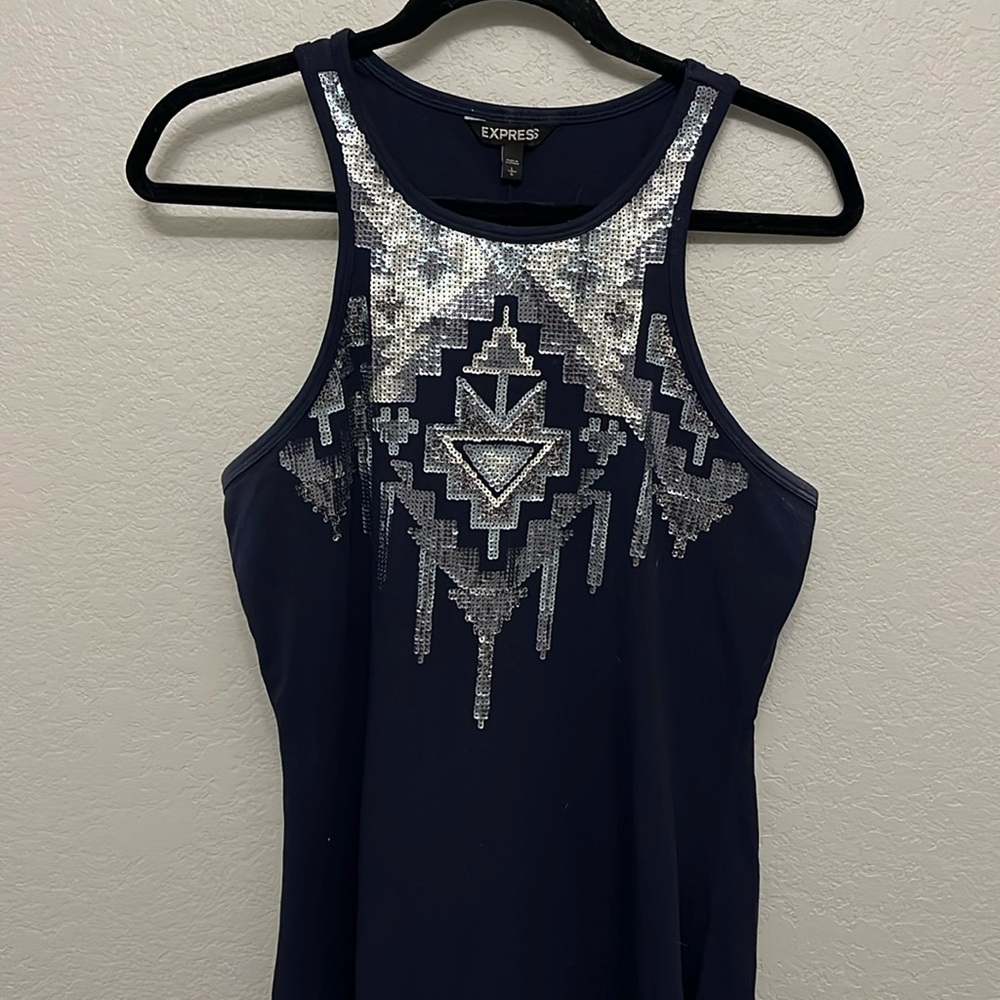 Express navy bodycon dress with silver sequins size L